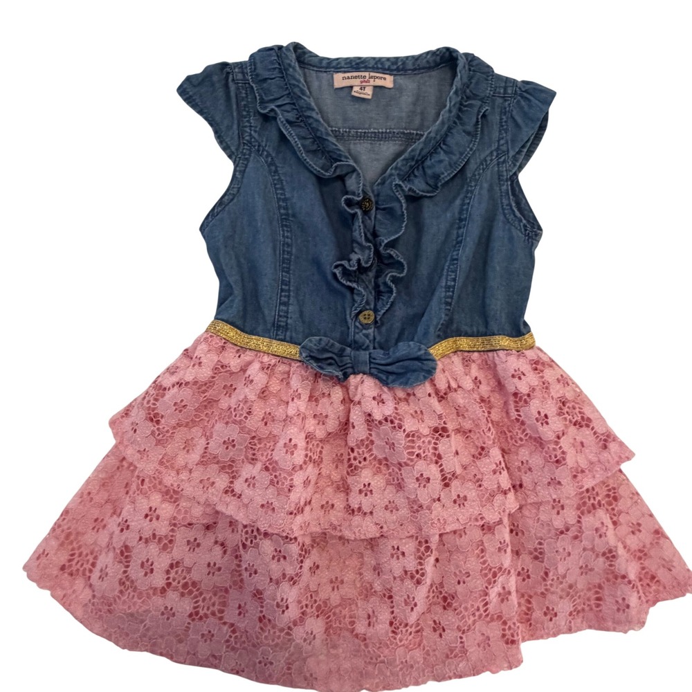 Nanette Lepore Girls 4T Denim and Pink Lace Tiered Dress Gold Glitter Waistband